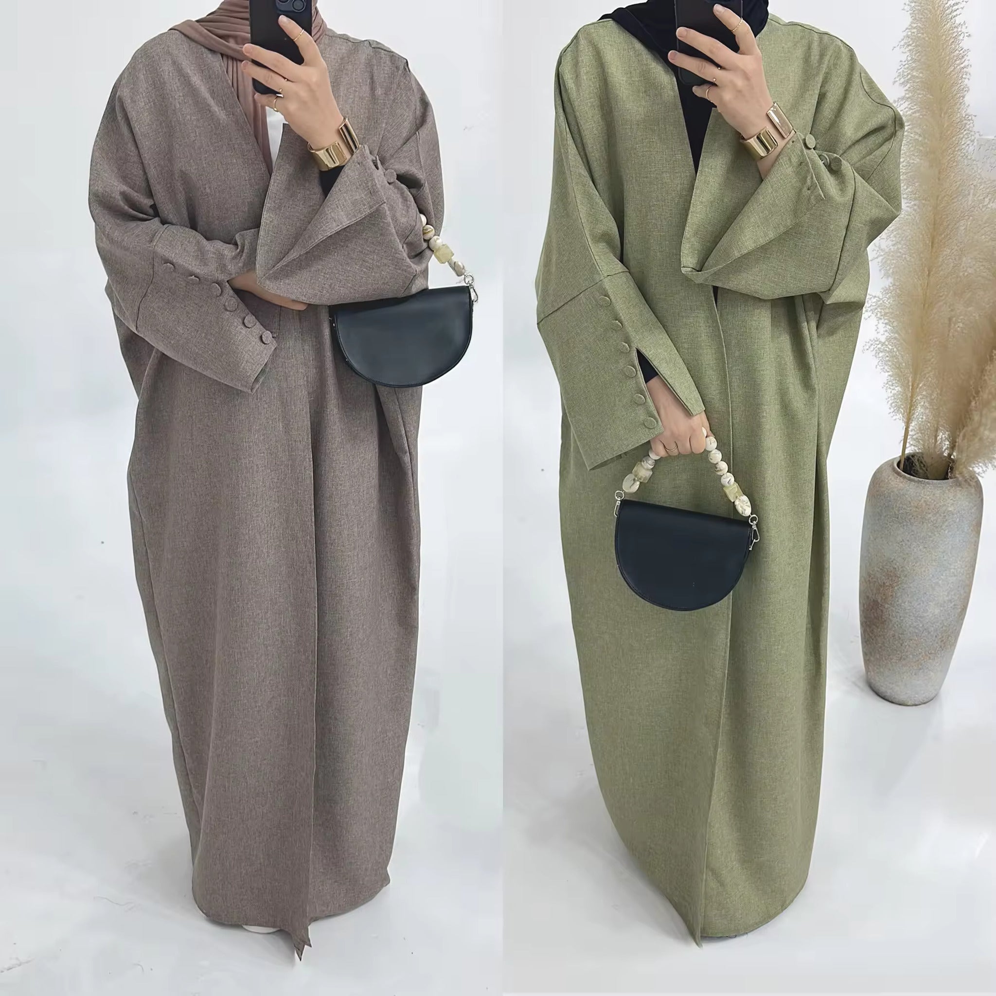 Open Abaya In Linen Kimono Cardigan With Buttons And Slit Sleeves sondus